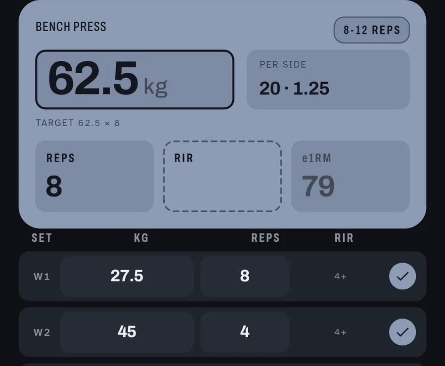 Logging a working set of bench press: 62.5 kg on the keypad, the target and last session shown above, warm-up rungs already priced.
